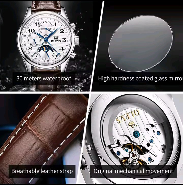 OLEVS mechanical movement, coated glass, leather strap and water resistance