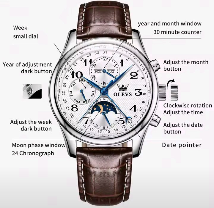 Guide to the OLEVS 6667 calendar and moon-phase dial